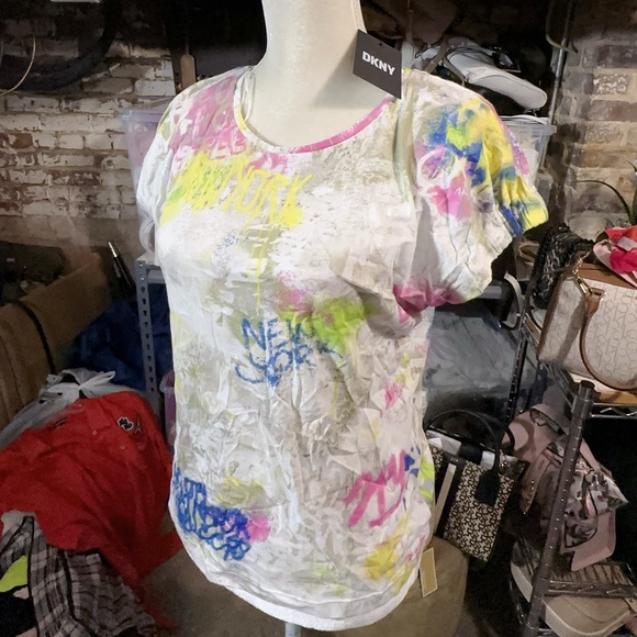 DKNY pink yellow blue multi colored designer shirt top round neck NWT - Picture 2 of 6